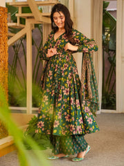 Dark Green Digital Print Cottan Anaraki Style Suit