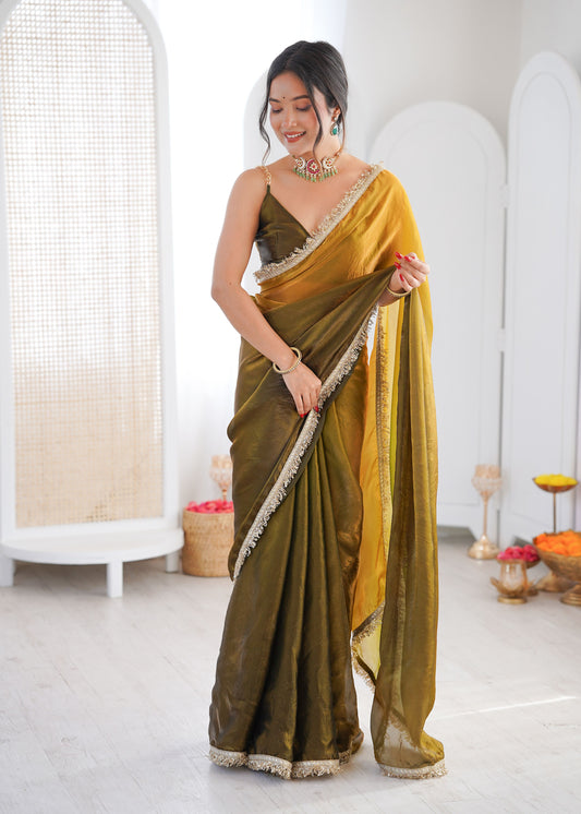 Green and Yellow Shaded Satin Lace Work Saree
