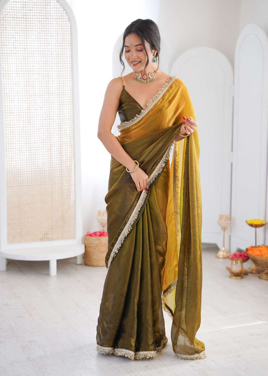Green and Yellow Shaded Satin Lace Work Saree