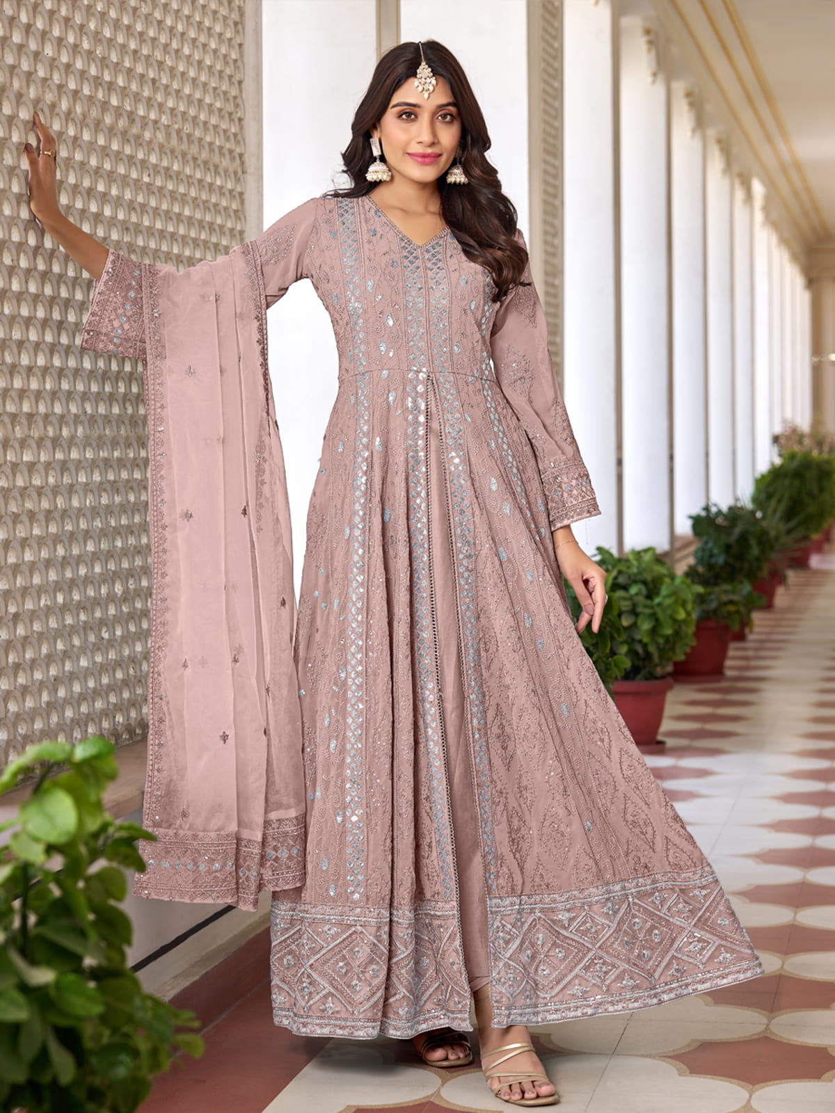 Buy Inddus Subtle Peach Georgette High Slit Style Suit With Cudidar Pant Online Inddus