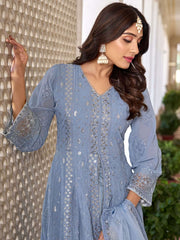 Sky Blue Georgette High Slit Style Suit With Cudidar Pant