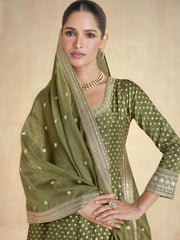 Green Pure Organza Jacquard Silk Festive Anarkali Gown