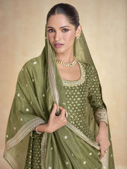 Green Pure Organza Jacquard Silk Festive Anarkali Gown