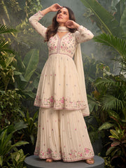 Cream Chinon Embroidered Sharara Suit