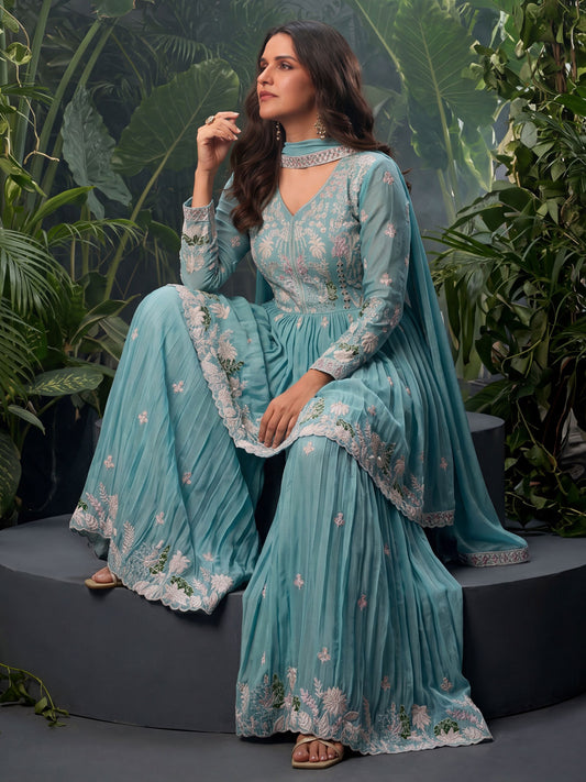 Pink Chinon Embroidered Sharara Suit