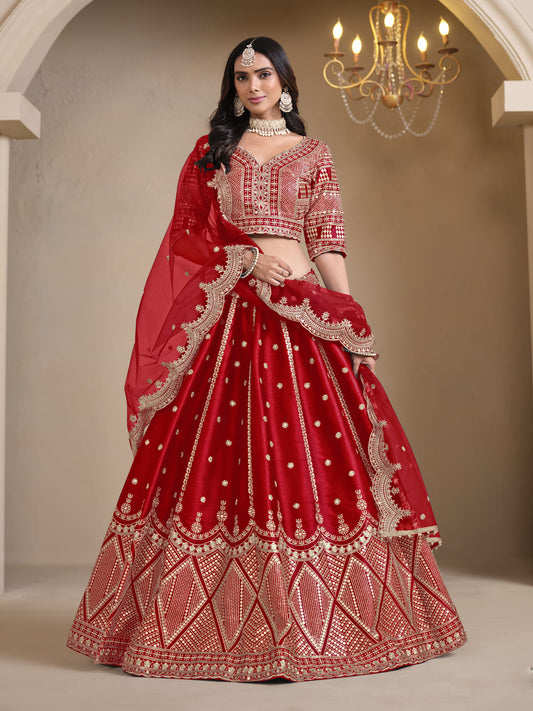Red Embroidered A Line Wedding Lehenga Choli