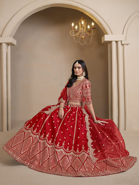 Red Embroidered A Line Wedding Lehenga Choli