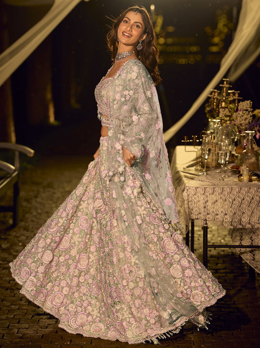 Mint and Pink Net Reception Wear Lehenga Choli