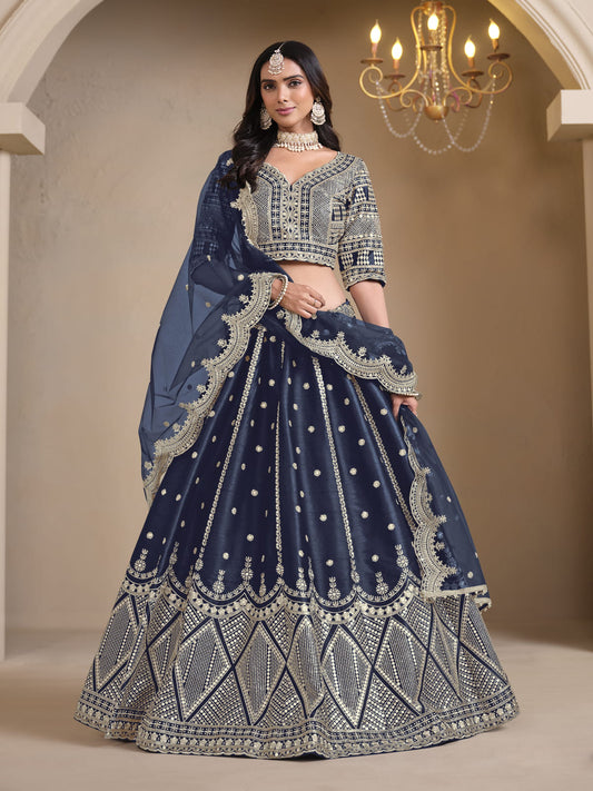 Navy Blue Embroidered A Line Wedding Lehenga Choli