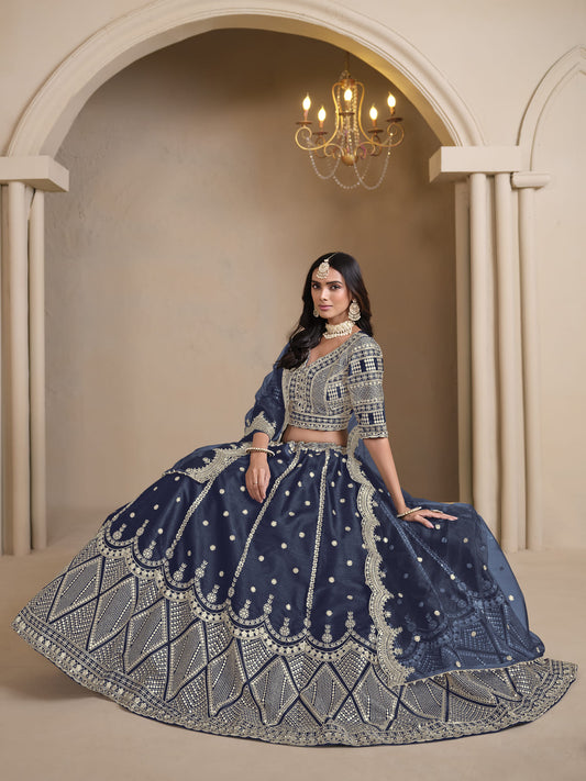Navy Blue Embroidered A Line Wedding Lehenga Choli