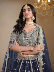 Navy Blue Embroidered A Line Wedding Lehenga Choli