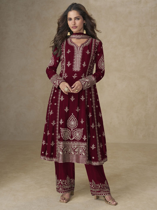 Maroon Palazzo Chinnon Silk Embroidered Festive Suit