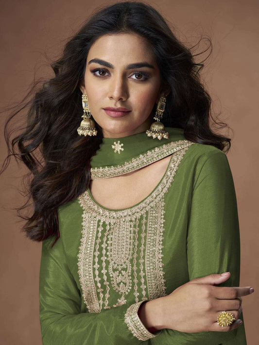 Green Chinon Embroiderd Salwar Suit