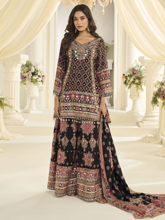 Black Silk Salwar Suit With Print and Aari Work