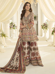 White Silk Salwar Suit With Print and Aari Work