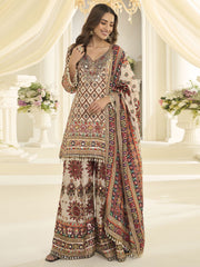 White Silk Salwar Suit With Print and Aari Work