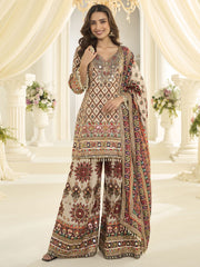 White Silk Salwar Suit With Print and Aari Work