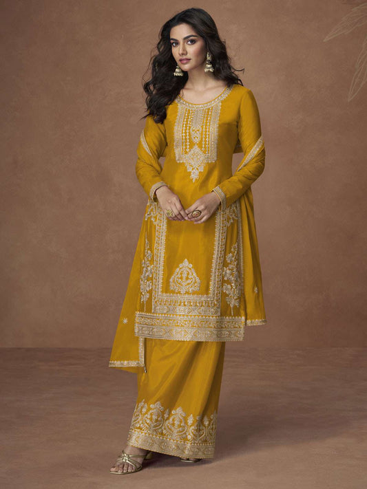 Yellow Chinon Embroiderd Salwar Suit