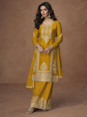 Yellow Chinon Embroiderd Salwar Suit