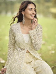 Festive Eid Style Green Embroidered Net Palazzo Suit