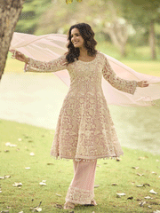 Festive Eid Style Pink Embroidered Net Palazzo Suit