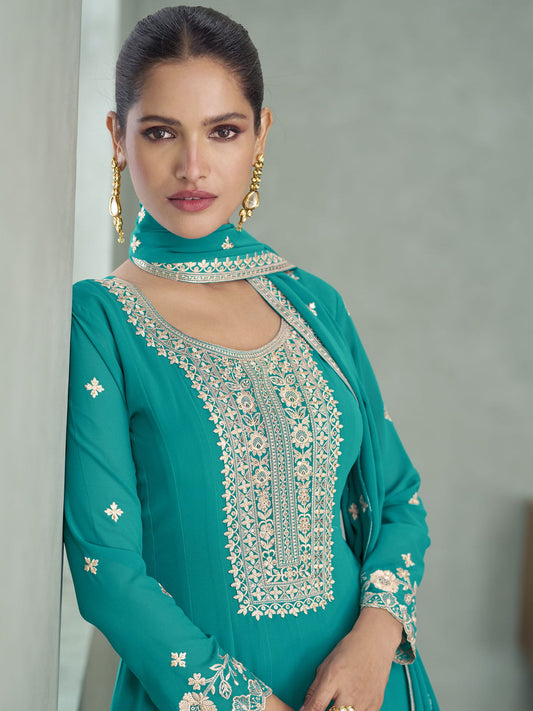 Firozi Georgette Embroiderd Anarkali Suit