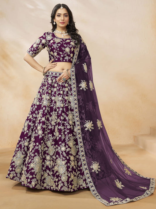 Beautiful Purple Color Embroidered Silk Engagement Wear Lehenga Choli