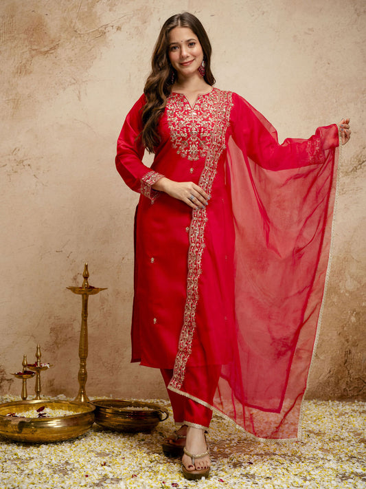 Red Designer Chanderi Cottan Partywear Kurta Set