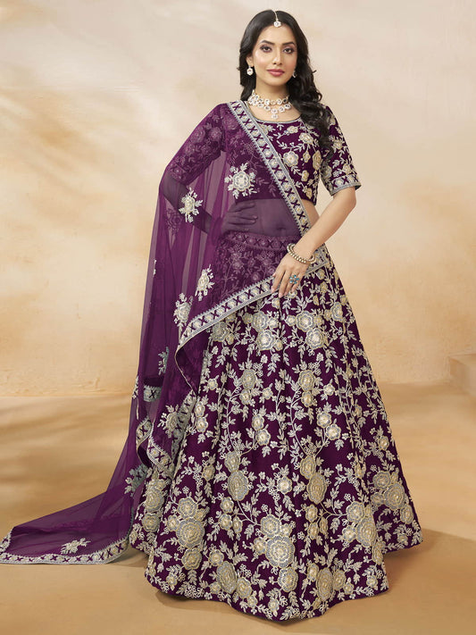 Beautiful Purple Color Embroidered Silk Engagement Wear Lehenga Choli