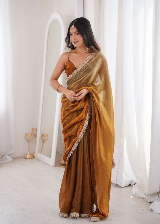 Gold Fendi Satin Lace Work Saree