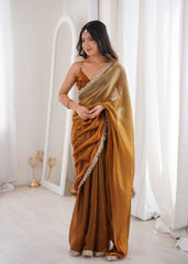 Gold Fendi Satin Lace Work Saree