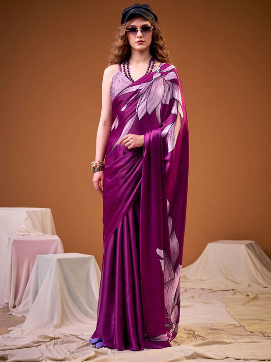 Purple Digital Print Satin Silk Saree