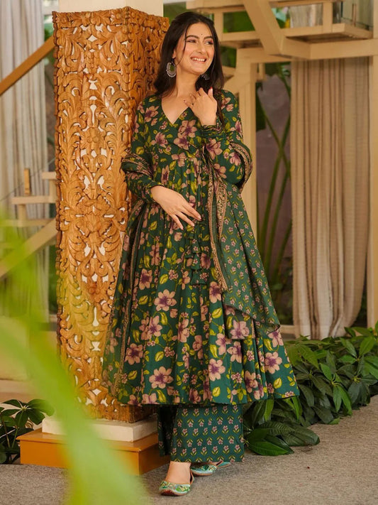 Dark Green Digital Print Cottan Anaraki Style Suit