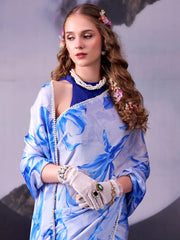 Blue Digital Print Satin Silk Saree
