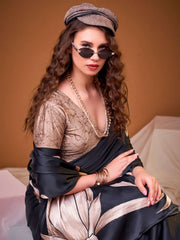 Black Digital Print Satin Silk Saree