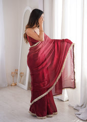 Maroon Fendi Satin Lace Work Saree