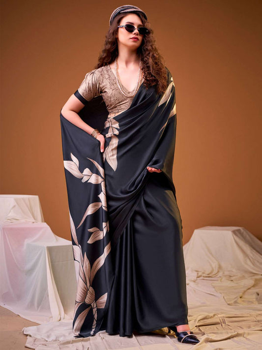 Black Digital Print Satin Silk Saree