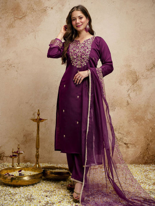 Purple Designer Chanderi Cottan Partywear Kurta Set