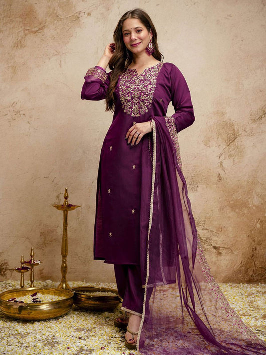 Purple Designer Chanderi Cottan Partywear Kurta Set