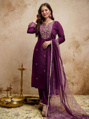 Purple Designer Chanderi Cottan Partywear Kurta Set
