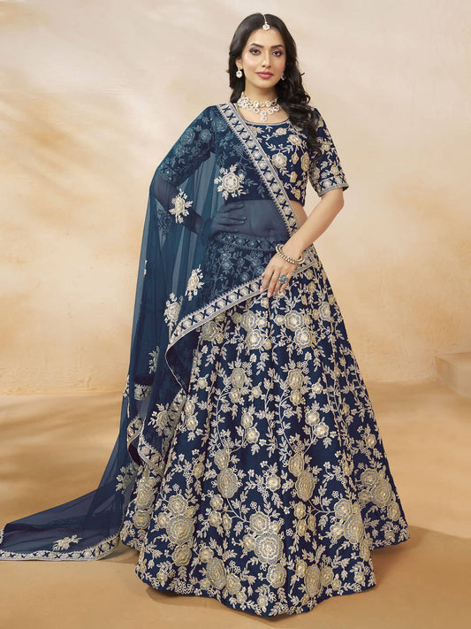 Enchanting Blue Color Embroidered Silk Event Wear Lehenga Choli