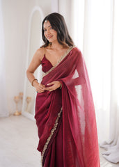 Maroon Fendi Satin Lace Work Saree