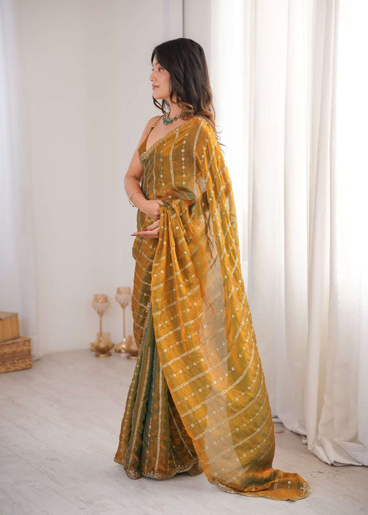 Gold Fendi Satin Sequence Embroidery Saree