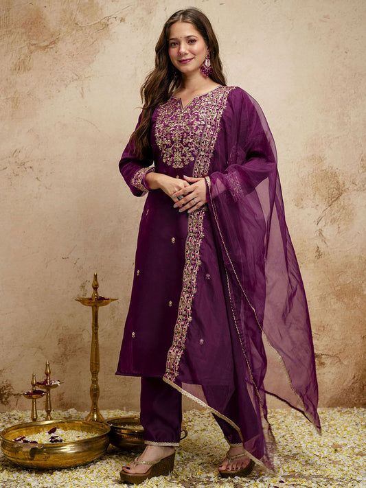 Purple Designer Chanderi Cottan Partywear Kurta Set