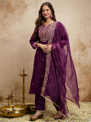 Purple Designer Chanderi Cottan Partywear Kurta Set