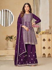Purple Reshamkari Embroidery Festive Palazzo Suit