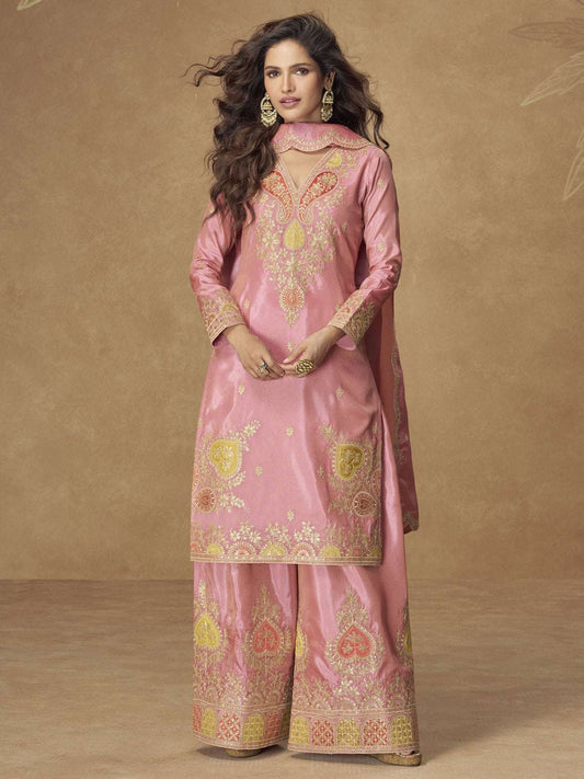 Shimmer Silk Pink Festive Palazzo Style Suit