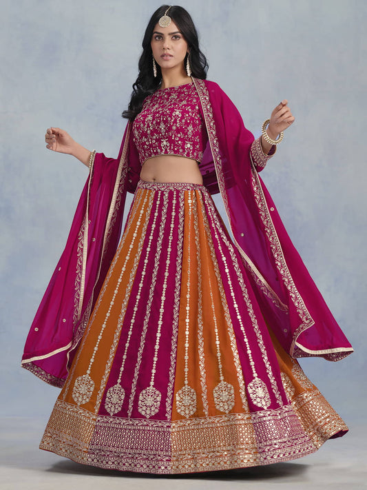 Orange And Pink Coloured Faux Georgette Embroidered Lehenga Choli