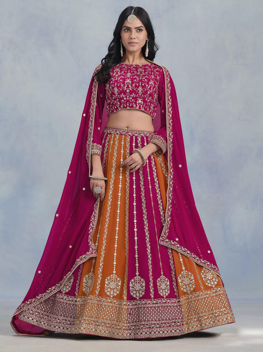 Orange And Pink Coloured Faux Georgette Embroidered Lehenga Choli