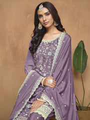 Purple Chinnon Resham & Sequins Embroidered Palazzo Suit